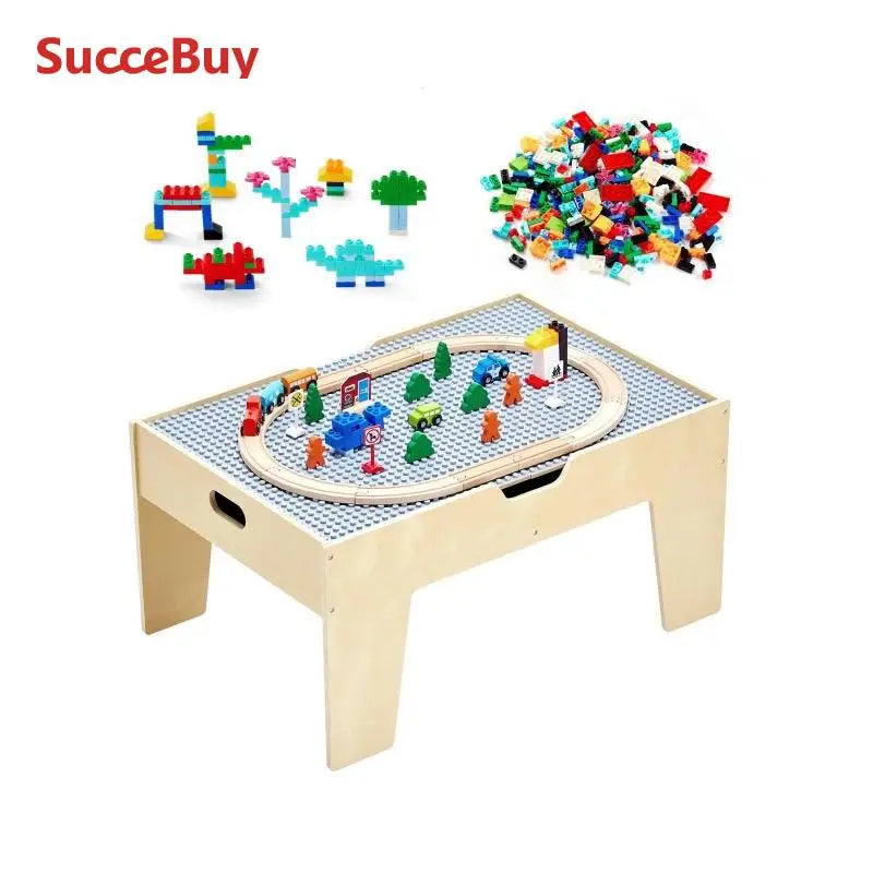 Multi-Purpose Activity Play Table 290 Building Bricks & 30pcs Wooden Train Table Toys Set Accessories for Kids Gaming