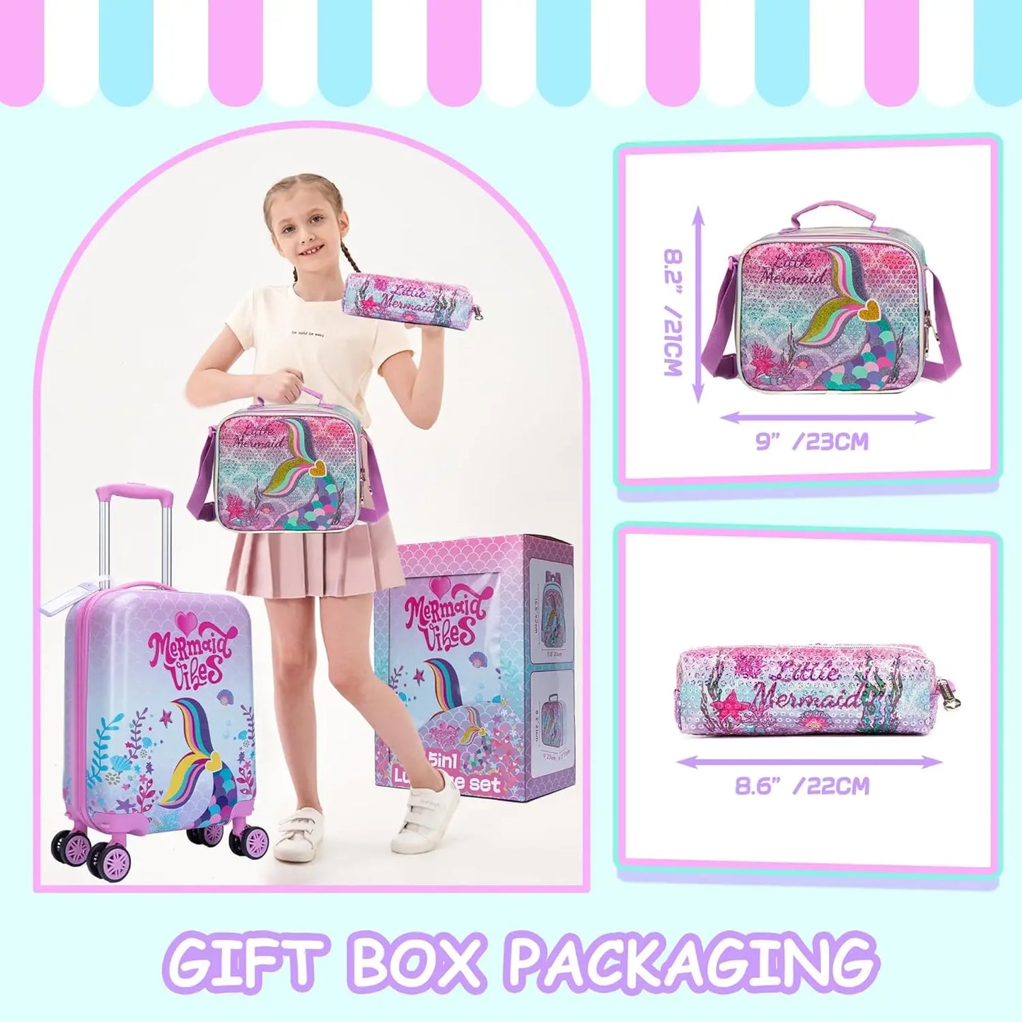 Pink Mermaid Kids Luggage Set: 5-Piece Hardside Suitcase with Spinner Wheels, Airline Approved