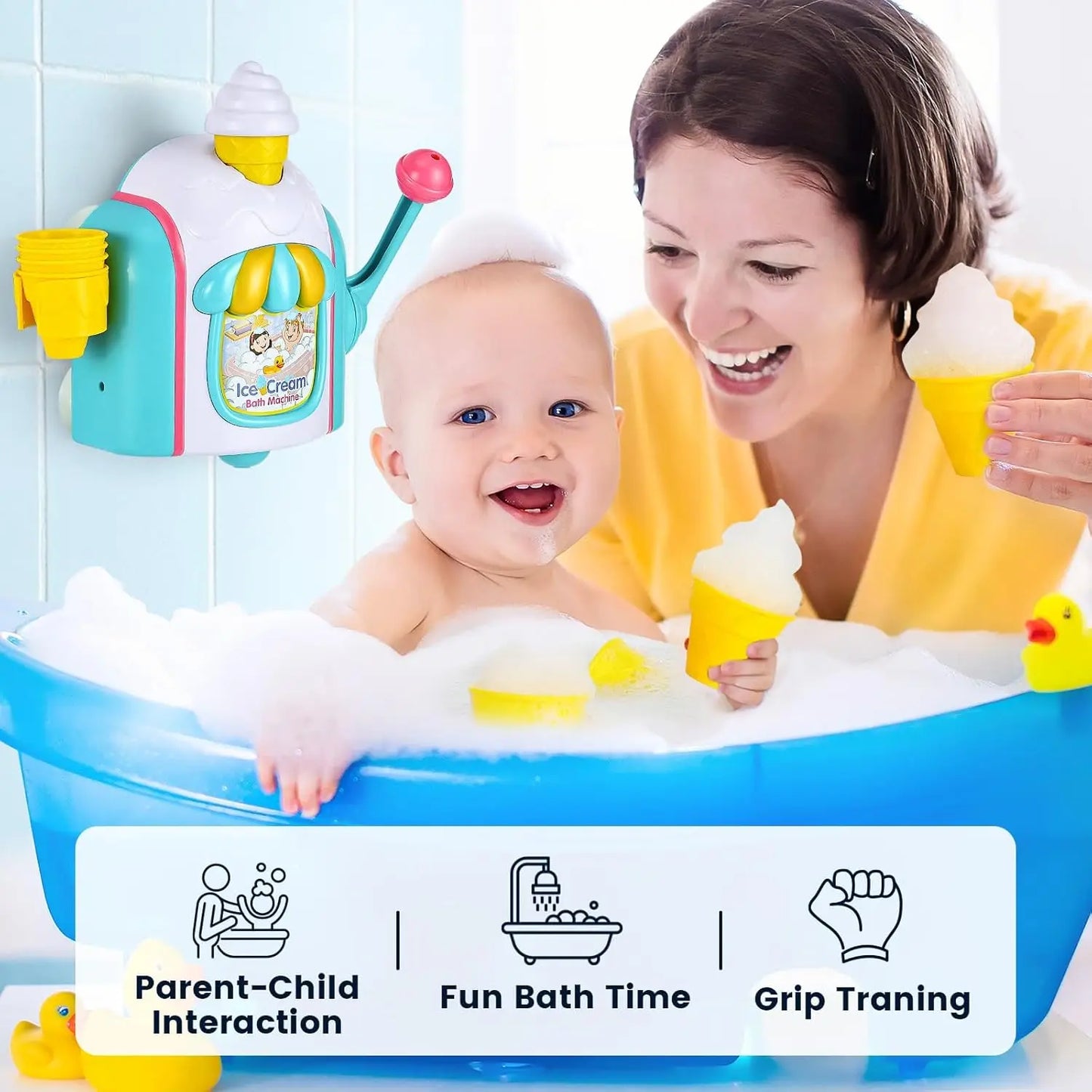 Bath Toys for Toddlers Ages 3-5,Ice Cream Foam Maker Bathtub Toy with Snap Buttons, Bathtub Bubble Machine Pretend Cake