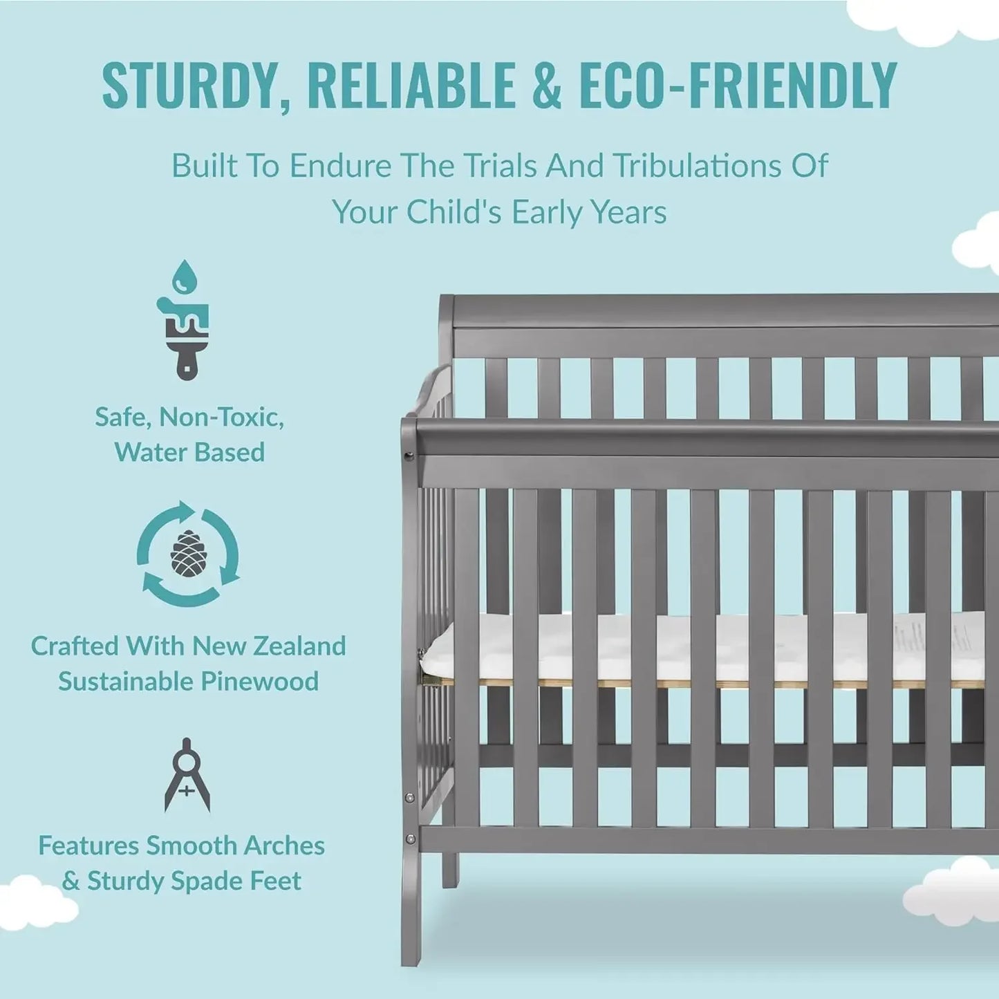 4‑in‑1 Mini Convertible Baby Crib & Changer with Storage, Steel Grey, Pinewood, GreenGuard Gold & JPMA, 1” Mattress Pad