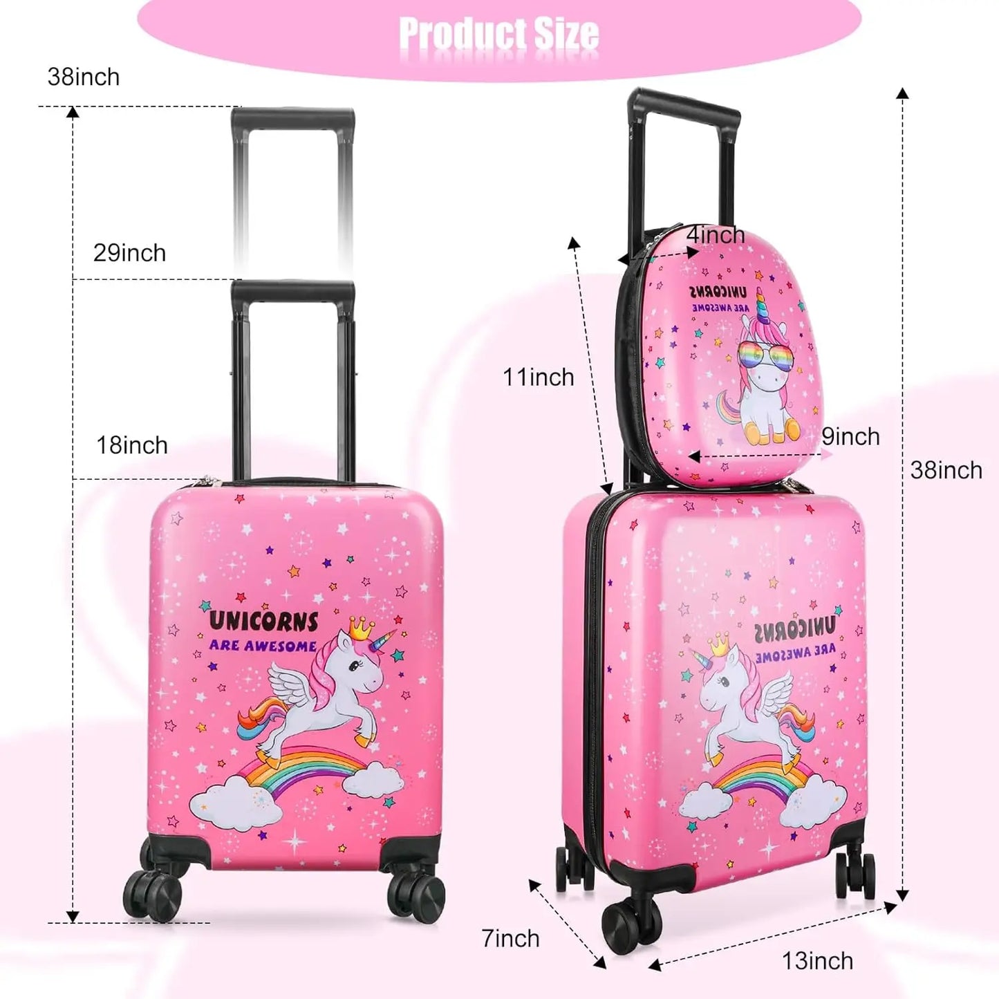 Kids Unicorn Luggage Set with Spinner Wheels - 18" Hard Case & 13" Backpack for Travel