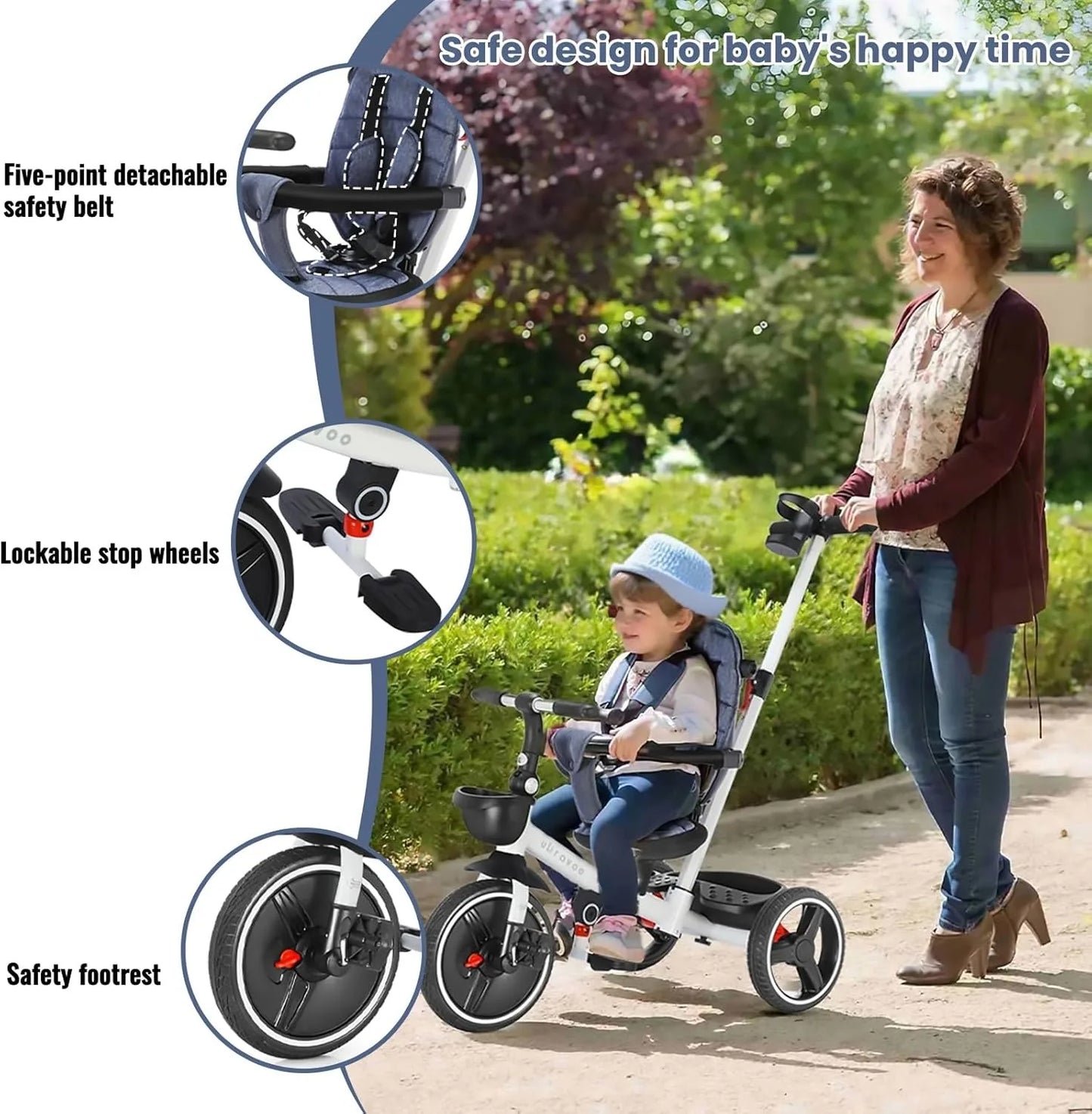Baby Stroller Tricycle Ride Bike , 5-in-1, Adjustable Canopy, Sitting & Lying, Disassembly & Assembly.