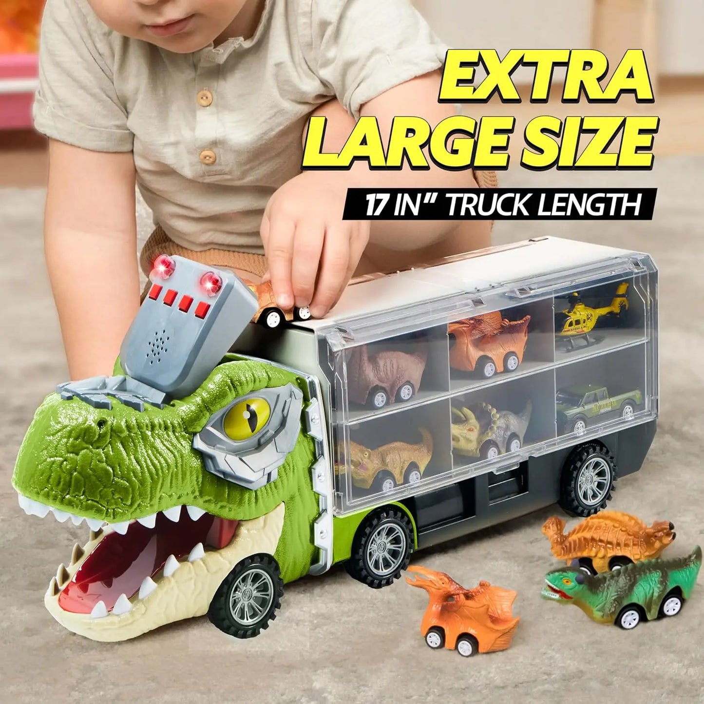 13 in 1 Dinosaur Transport Truck Toys with 12 Pull Back Cars Small Cars Set for 3+ Years Boy Birthday Christmas Gifts Toys