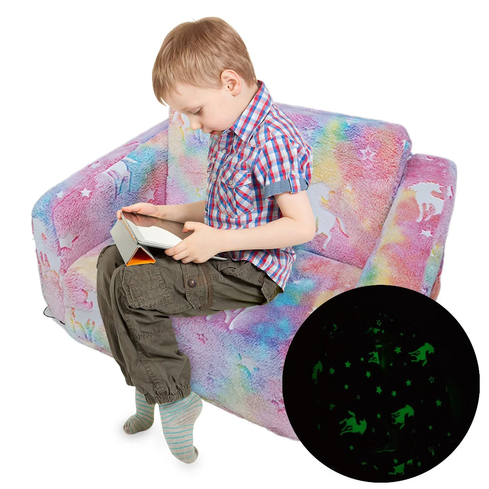 Kids Couch, Fold Out, Kid Sofa Chair, Toddler Convertible Sofa to Lounger, Pull Out Couch, Glow in The Dark Sofa Chair for Boys Girls