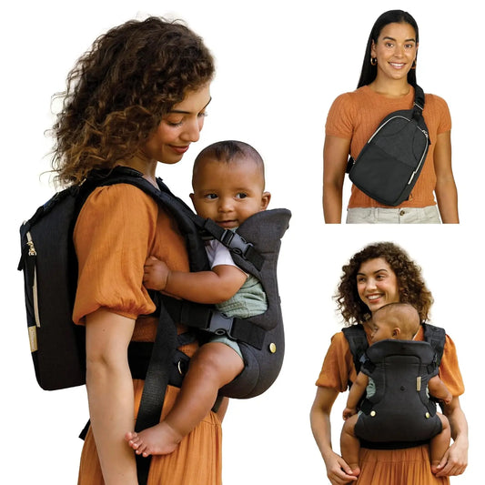 4-in-1 Convertible Baby Carrier & Crossbody Diaper Bag Set, Black and Gold, Hands-Free Support for Infants to Toddlers