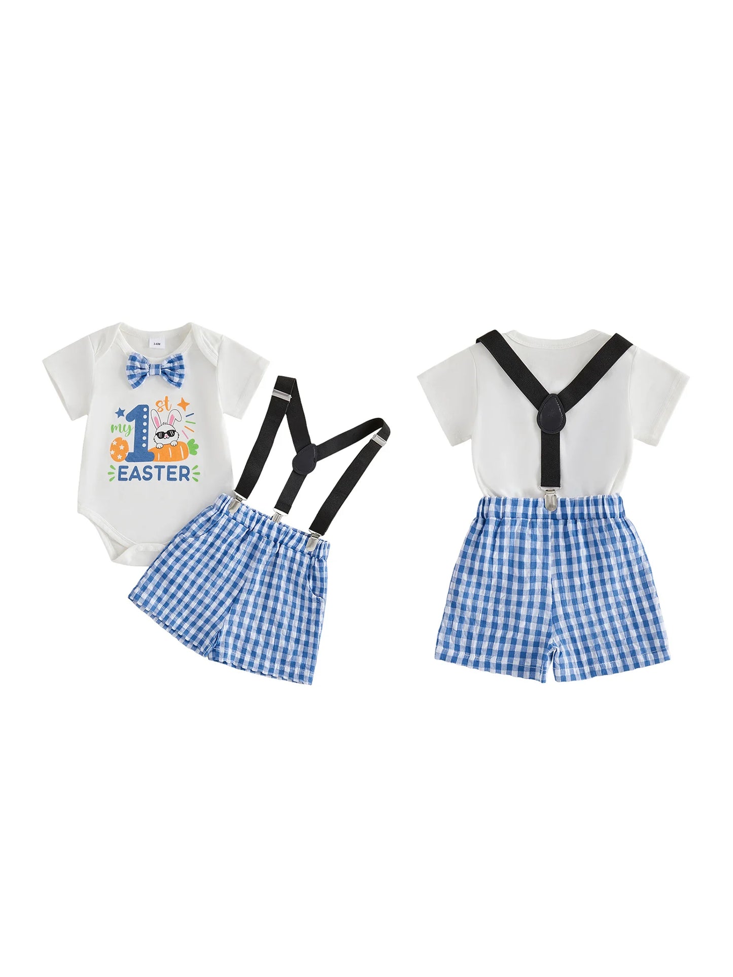 Baby Boy 1st Easter Outfit Letter Bunny Print Short Sleeve Bowtie Romper Plaid Suspender Shorts 2 Pcs Outfit