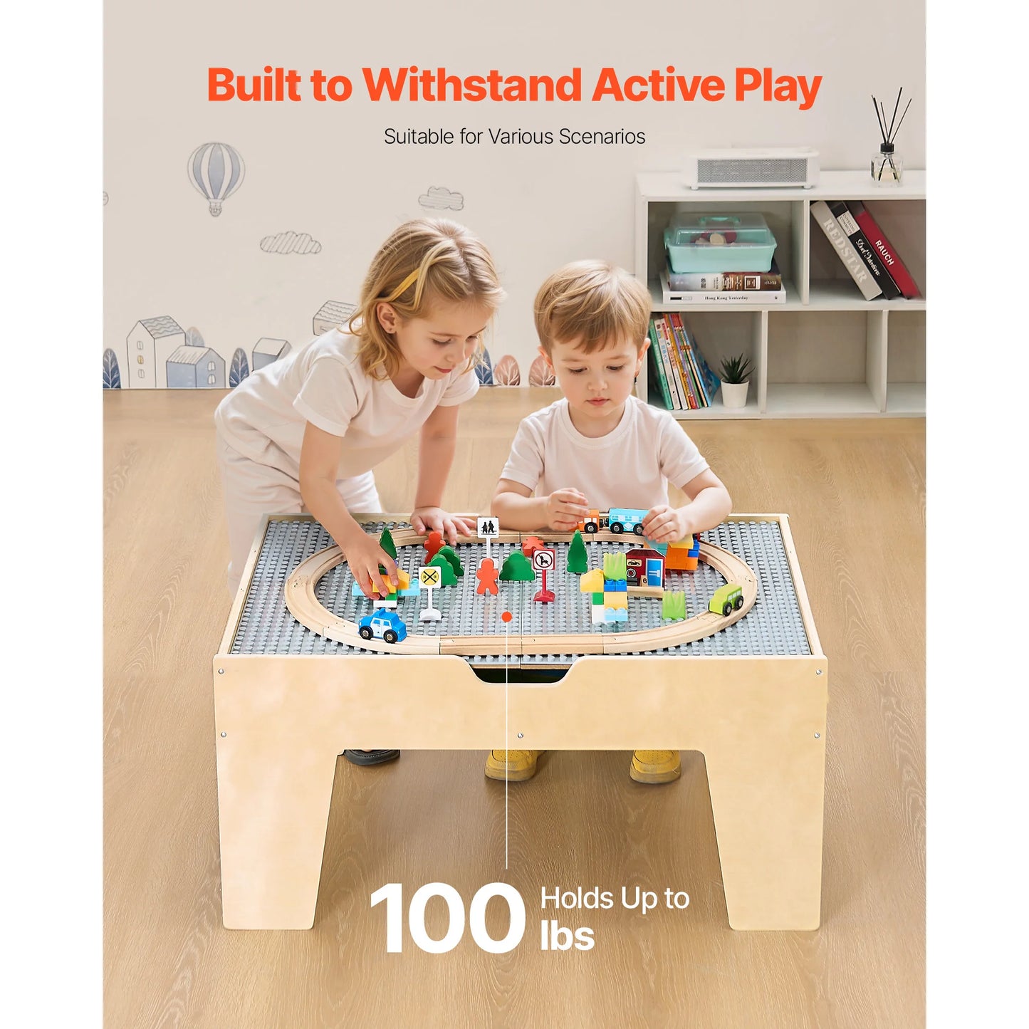 Multi-Purpose Activity Play Table 290 Building Bricks & 30pcs Wooden Train Table Toys Set Accessories for Kids Gaming