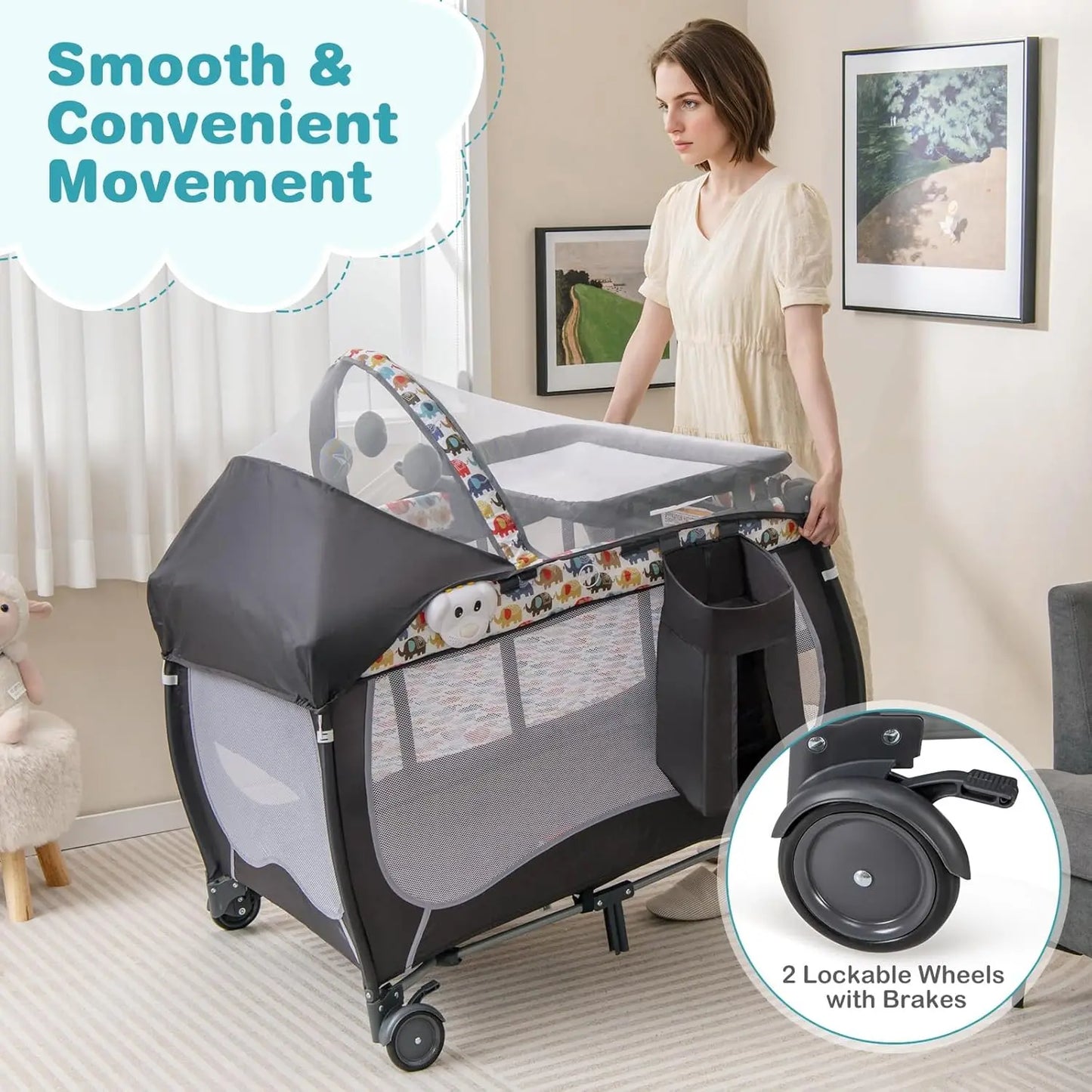 4-in-1 Portable Baby Playard with Bassinet, Changing Table, Lockable Wheels & Music, Foldable Travel Crib for Newborn to Toddler