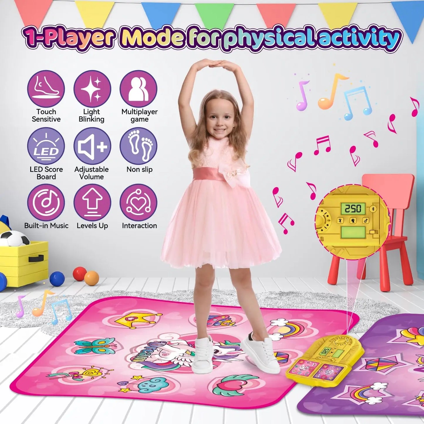 Unicorn Dance Mat x2 Toys for Girls 9-Level Dancing Game Indoor Outdoor Music Play Mat Christmas Gifts for Kids Ages 3+