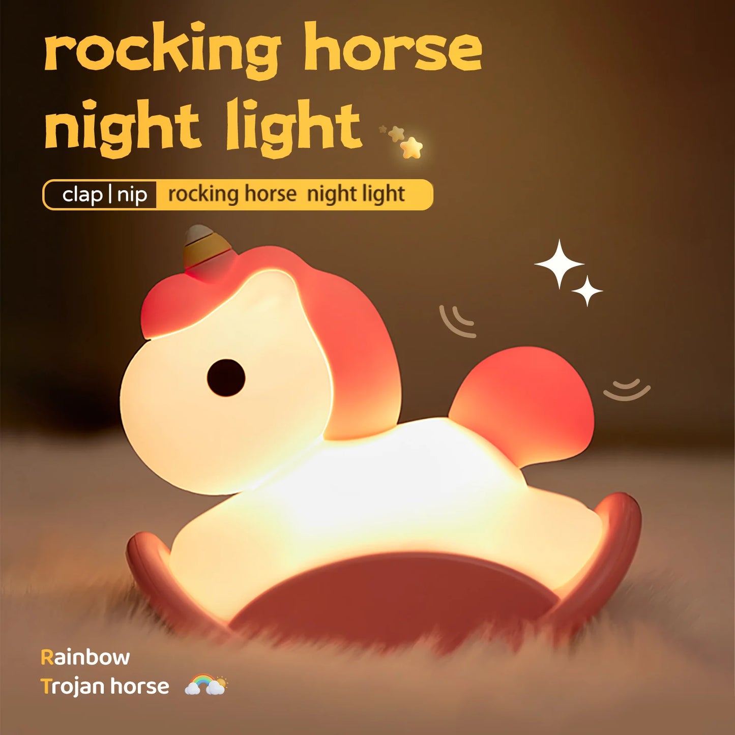 NEW Rocking Horse Night Light Silicone Cute Bedside Lamp Dimmable Nursery Nightlight Rechargeable Touch Lamp for Baby