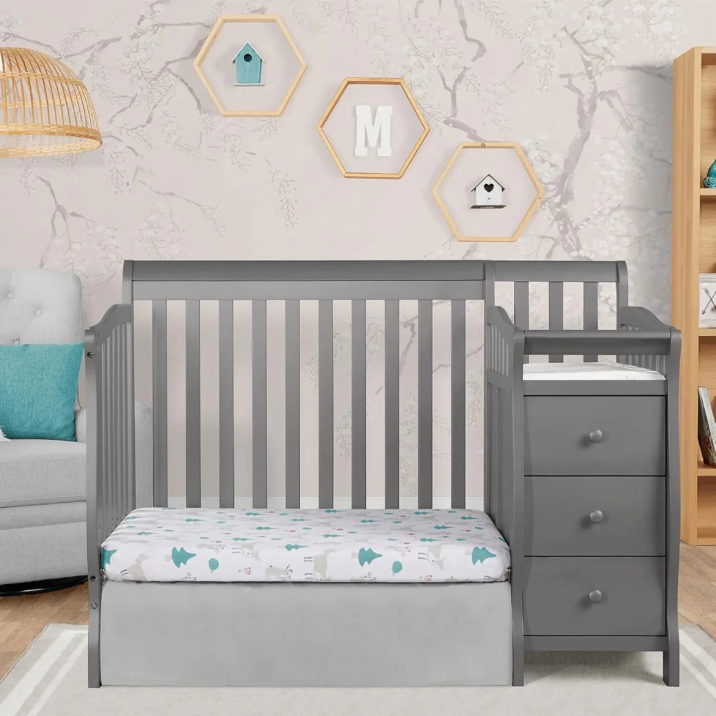 4‑in‑1 Mini Convertible Baby Crib & Changer with Storage, Steel Grey, Pinewood, GreenGuard Gold & JPMA, 1” Mattress Pad