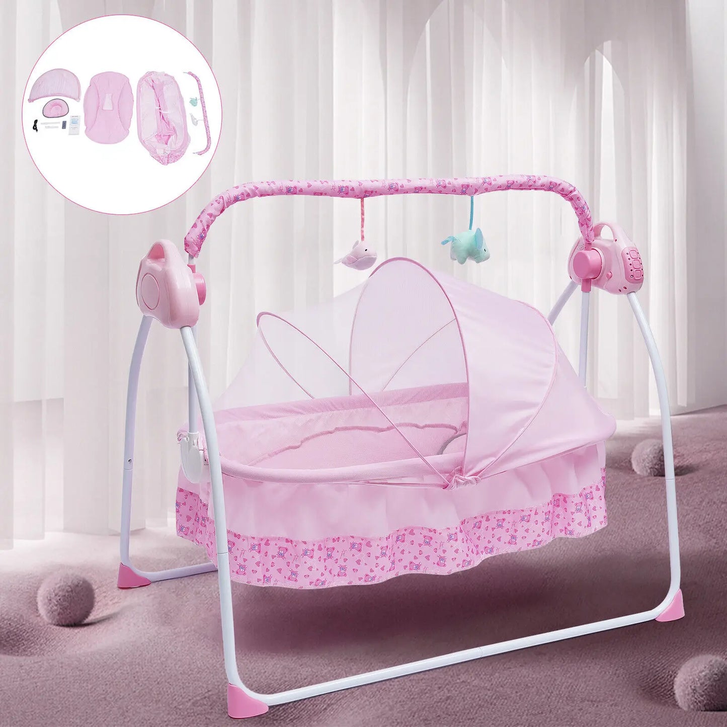 Electric Kids Crib Cradle Auto Swing Newborn Bassinet Sleep Bed Kids Bluetooth