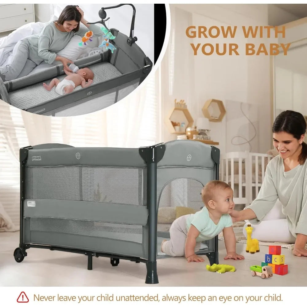 Baby Bedside Bassinet, Baby Bassinet, Pack n Play Convert Playpen, Quick Foldable Travel Bed with Toy, Wheels & Brake, Carry Ba