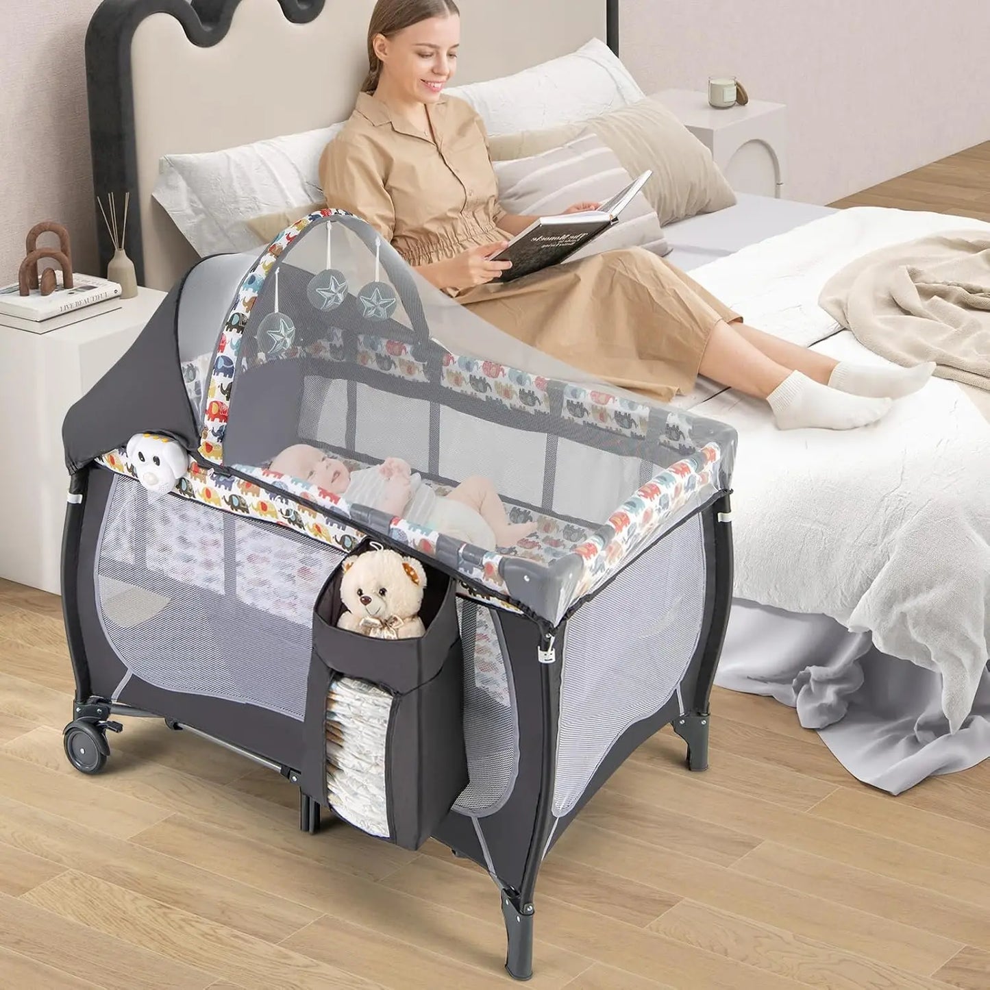 4-in-1 Portable Baby Playard with Bassinet, Changing Table, Lockable Wheels & Music, Foldable Travel Crib for Newborn to Toddler