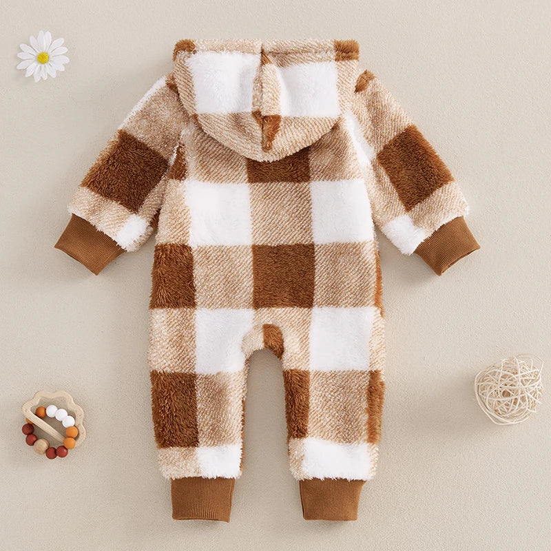 Toddler Striped Hooded  Soft Fleece Button-up Cozy Winter Romper with Pockets and Footies