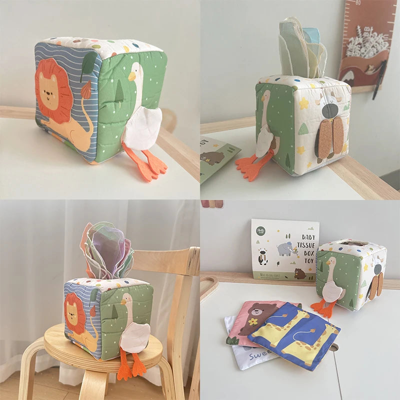 Baby Montessori Toy Magic Tissue Box, Busy Board Game Educational Learning Activity Sensory Toy Soft Rattle Game Cloth Book Gift