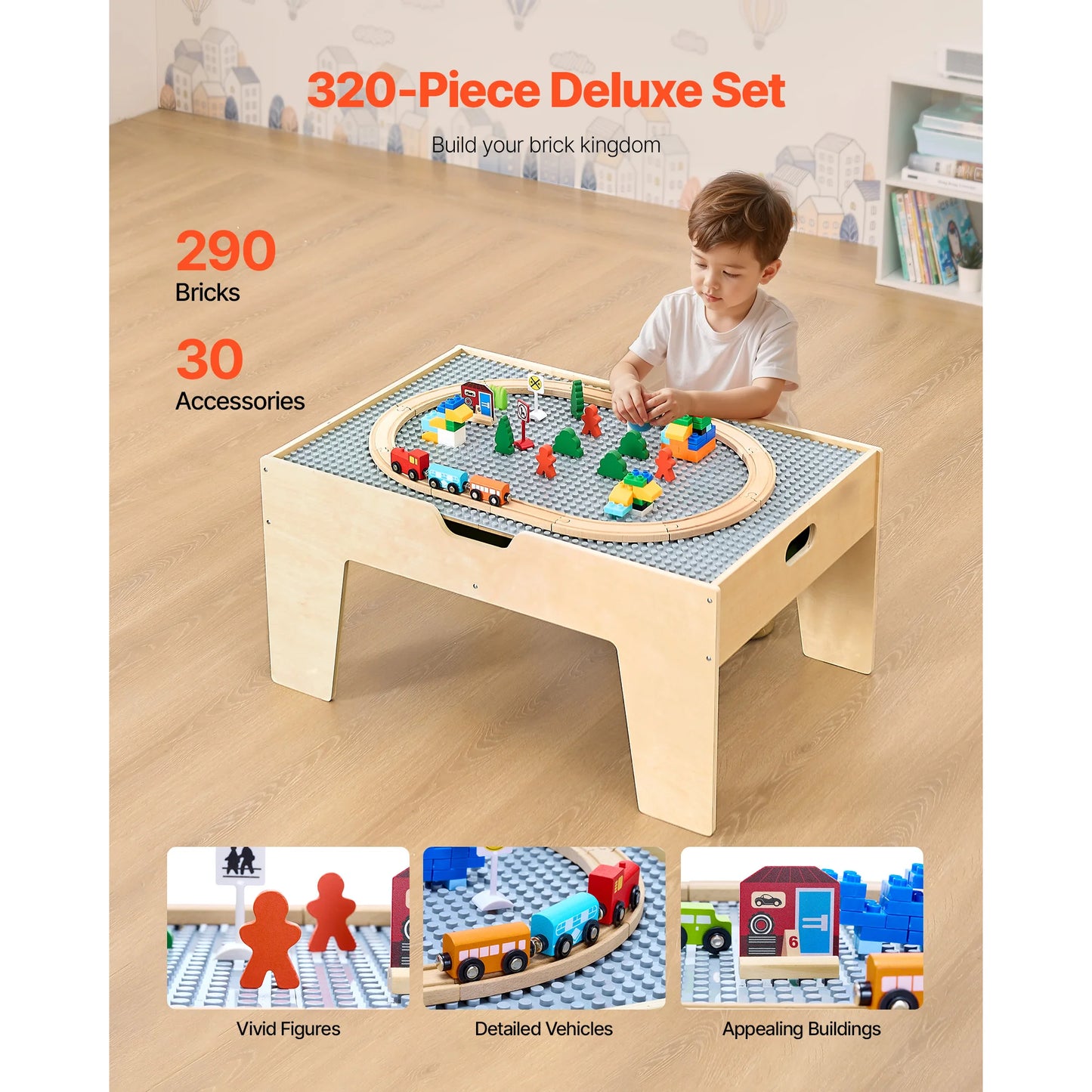 Multi-Purpose Activity Play Table 290 Building Bricks & 30pcs Wooden Train Table Toys Set Accessories for Kids Gaming
