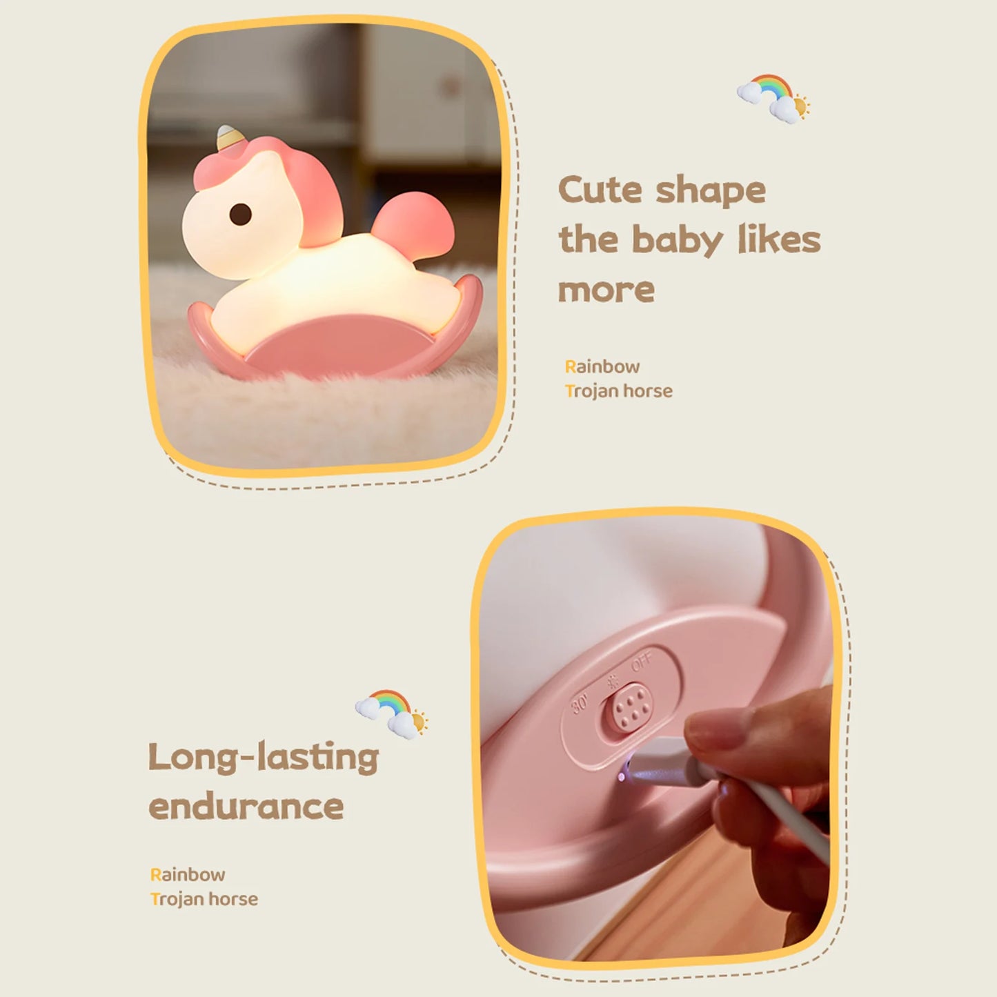 NEW Rocking Horse Night Light Silicone Cute Bedside Lamp Dimmable Nursery Nightlight Rechargeable Touch Lamp for Baby