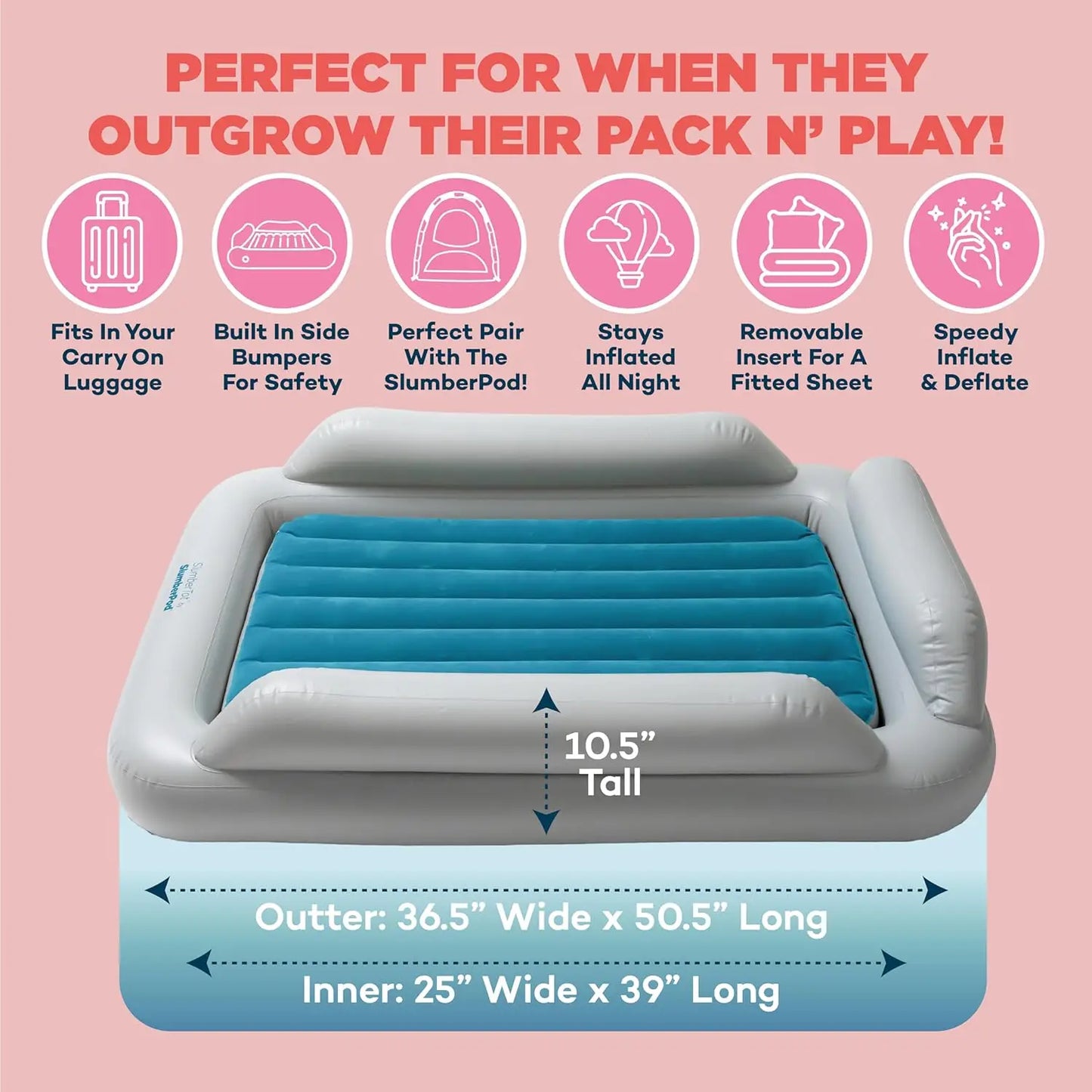 Inflatable Toddler Travel Bed with Safety Bumpers - Portable Air Mattress for Kids, Includes Electric Pump