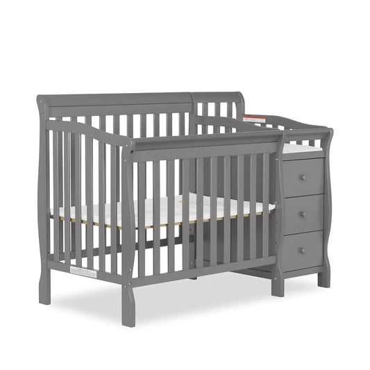 4‑in‑1 Mini Convertible Baby Crib & Changer with Storage, Steel Grey, Pinewood, GreenGuard Gold & JPMA, 1” Mattress Pad