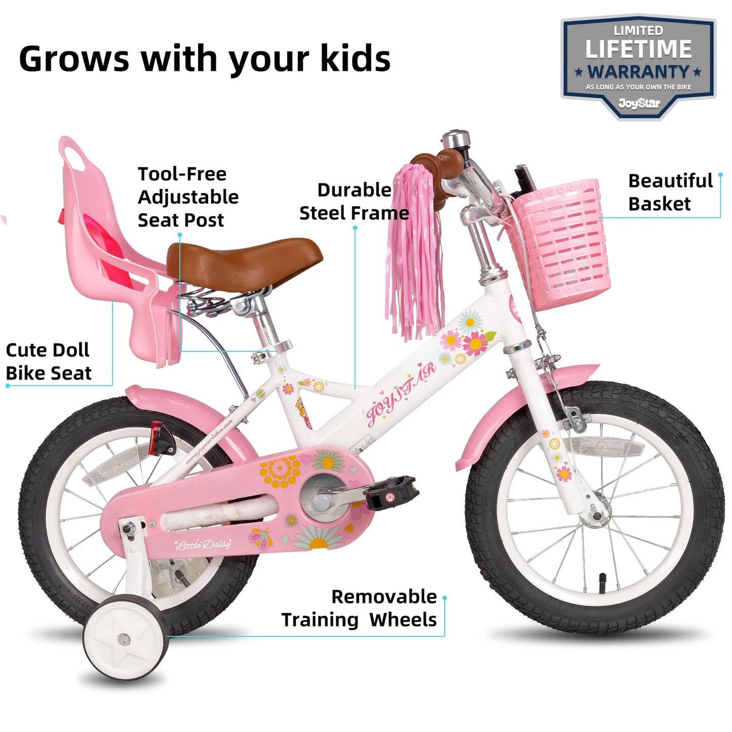 Little Daisy Kids Bike for Girls Ages 2-7 Years,  Bikes with Doll Bike Seat & Streamers, Bikes with Flag & Number Plate