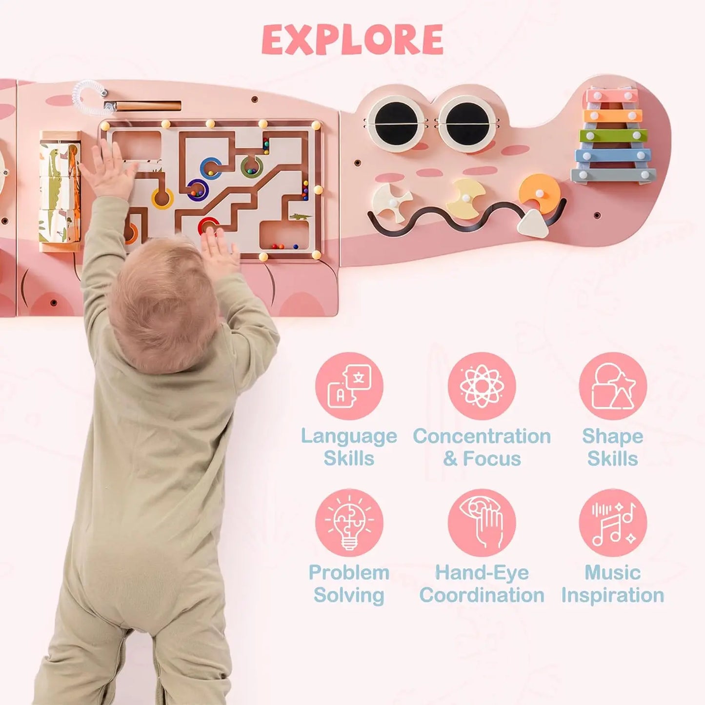 Robotime Robud Wooden Busy Board Montessori Learning Toy Wall Mounted Activity Centre with Gears Maze Wooden Toy Gifts