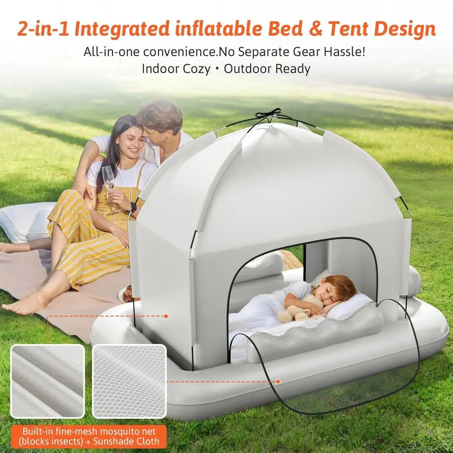 Toddler Travel Bed with Tent Foldable Portable Toddler Bed Cot Blow Up Kids Air Mattress with Safety Bumper, Pump Carry Bag Indo
