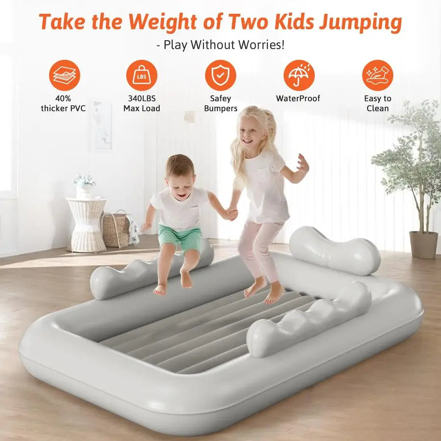 Toddler Travel Bed with Tent Foldable Portable Toddler Bed Cot Blow Up Kids Air Mattress with Safety Bumper, Pump Carry Bag Indo