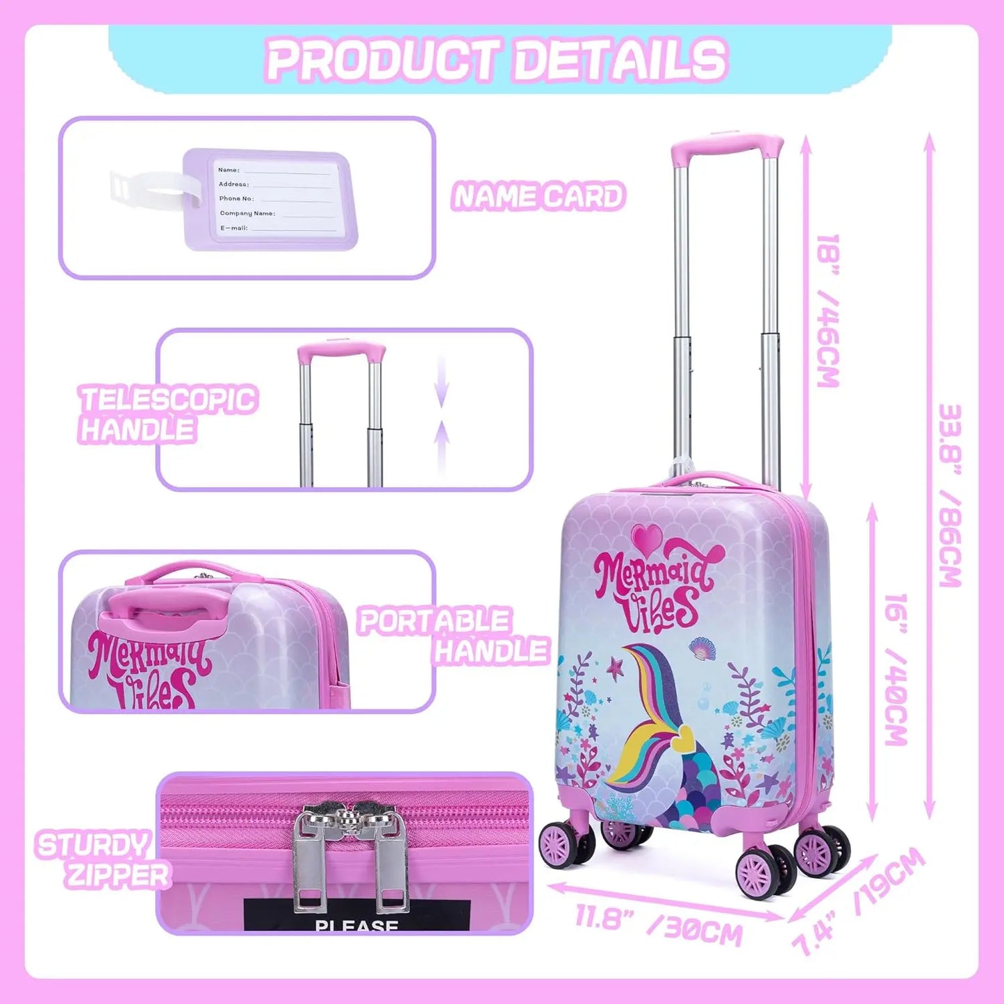 Pink Mermaid Kids Luggage Set: 5-Piece Hardside Suitcase with Spinner Wheels, Airline Approved
