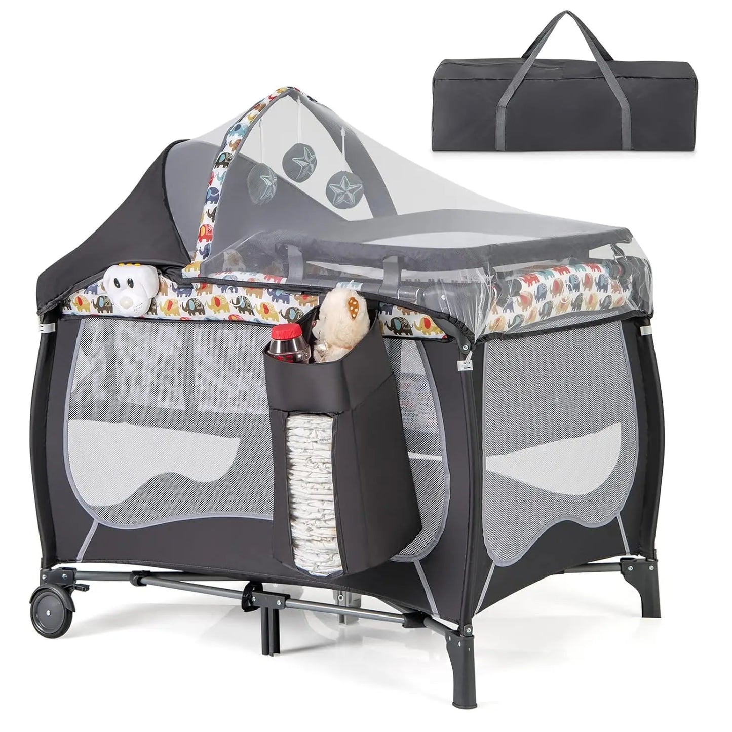 4-in-1 Portable Baby Playard with Bassinet, Changing Table, Lockable Wheels & Music, Foldable Travel Crib for Newborn to Toddler