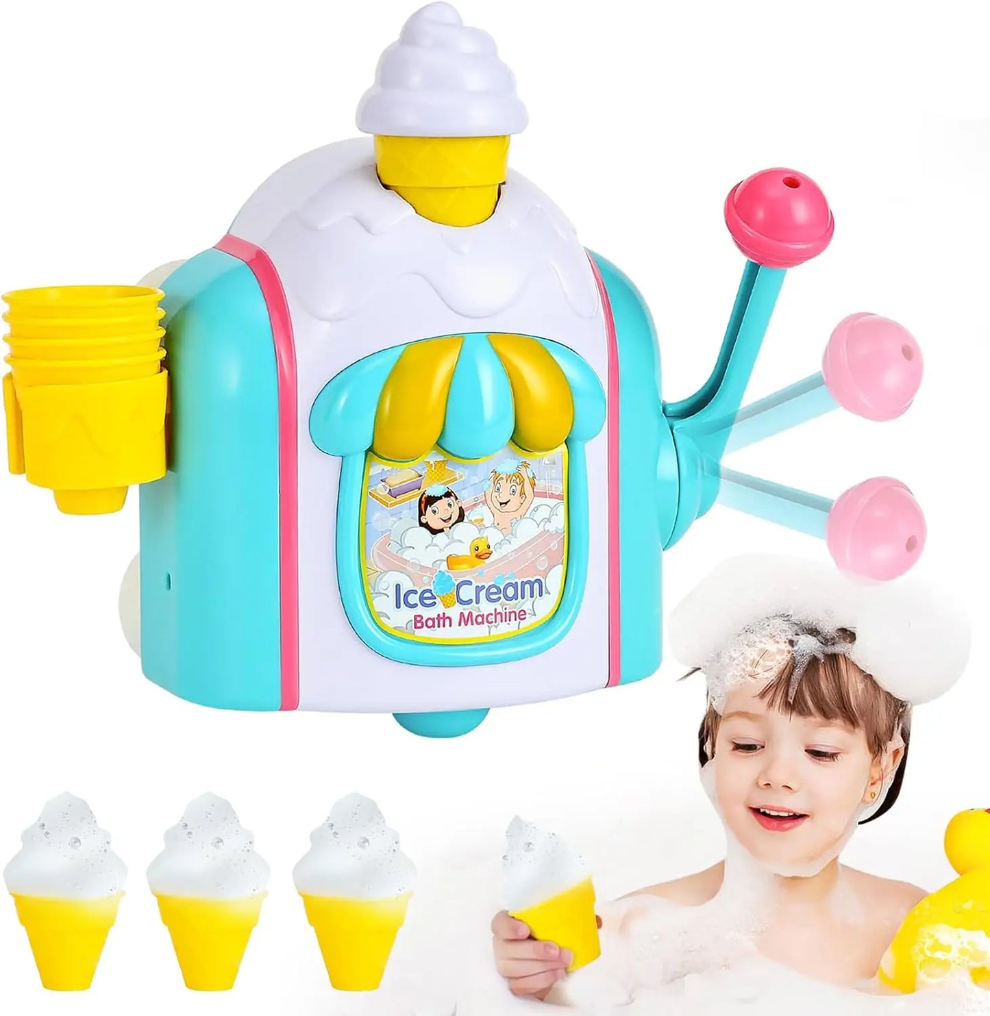 Bath Toys for Toddlers Ages 3-5,Ice Cream Foam Maker Bathtub Toy with Snap Buttons, Bathtub Bubble Machine Pretend Cake