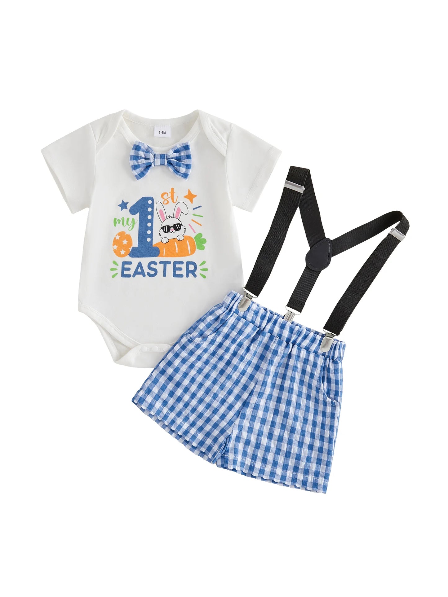 Baby Boy 1st Easter Outfit Letter Bunny Print Short Sleeve Bowtie Romper Plaid Suspender Shorts 2 Pcs Outfit
