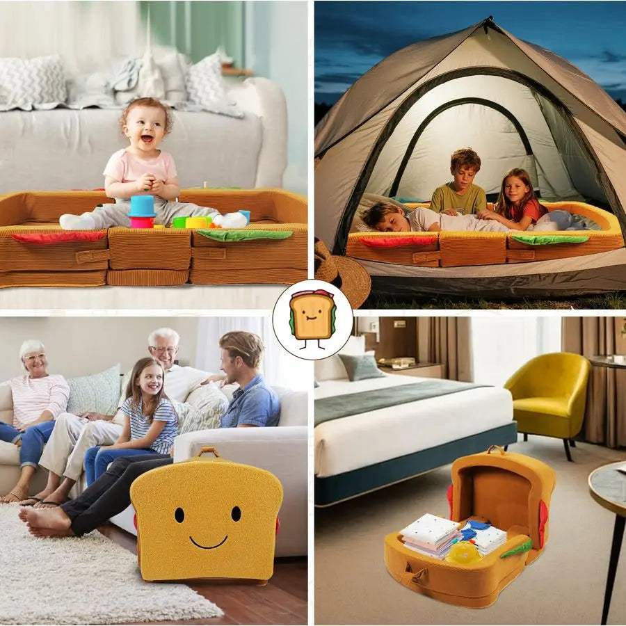 Toddler Travel Bed Sandwich Style Portable Toddlers Floor Beds, Foldable Soft Foam Travel Crib for Baby and Kid, Washable Cover